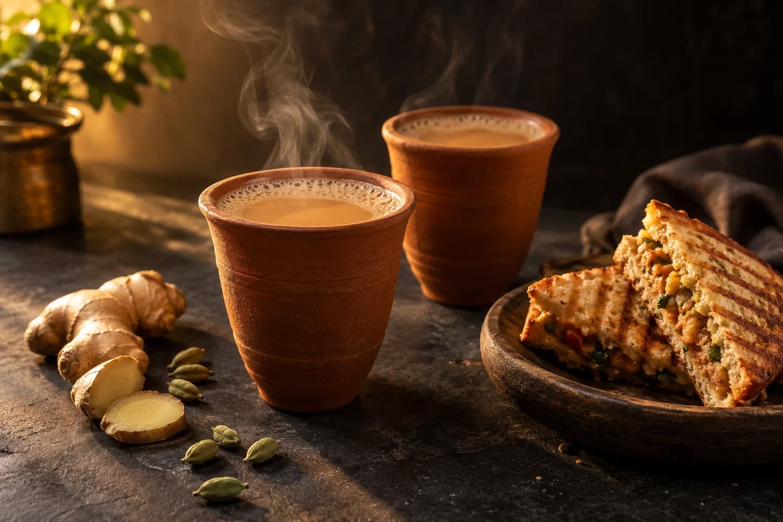 Steaming kulhad chai with golden grilled sandwiches on a warm café table
